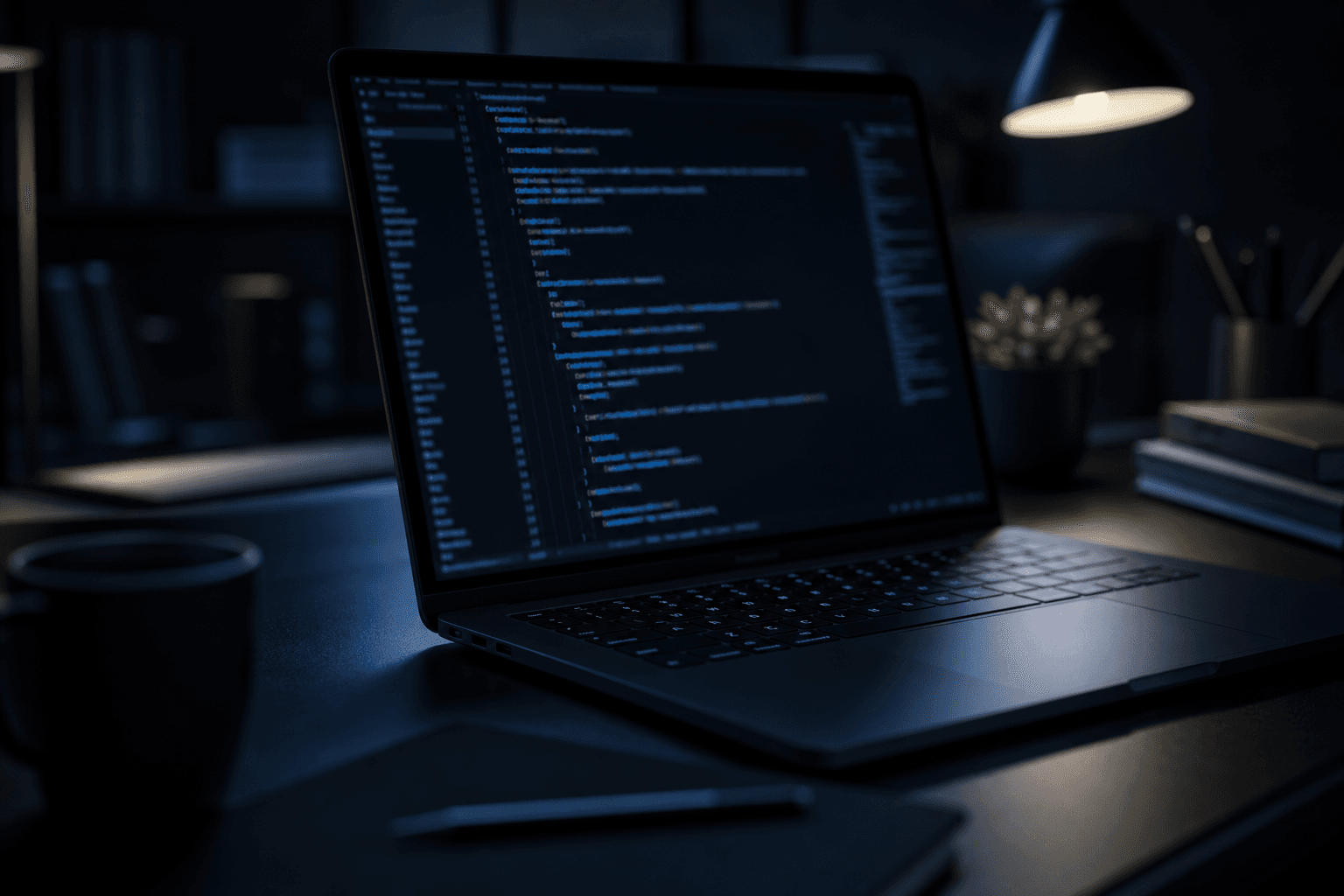 Dark developer workspace with code on screen