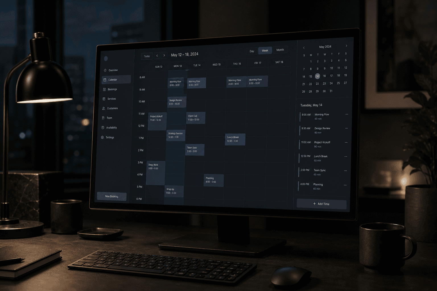 Booking and calendar interface on a monitor