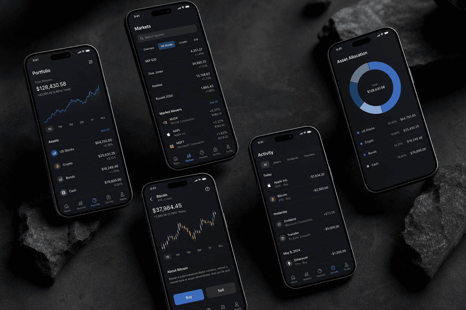 Mobile app screens against a dark background